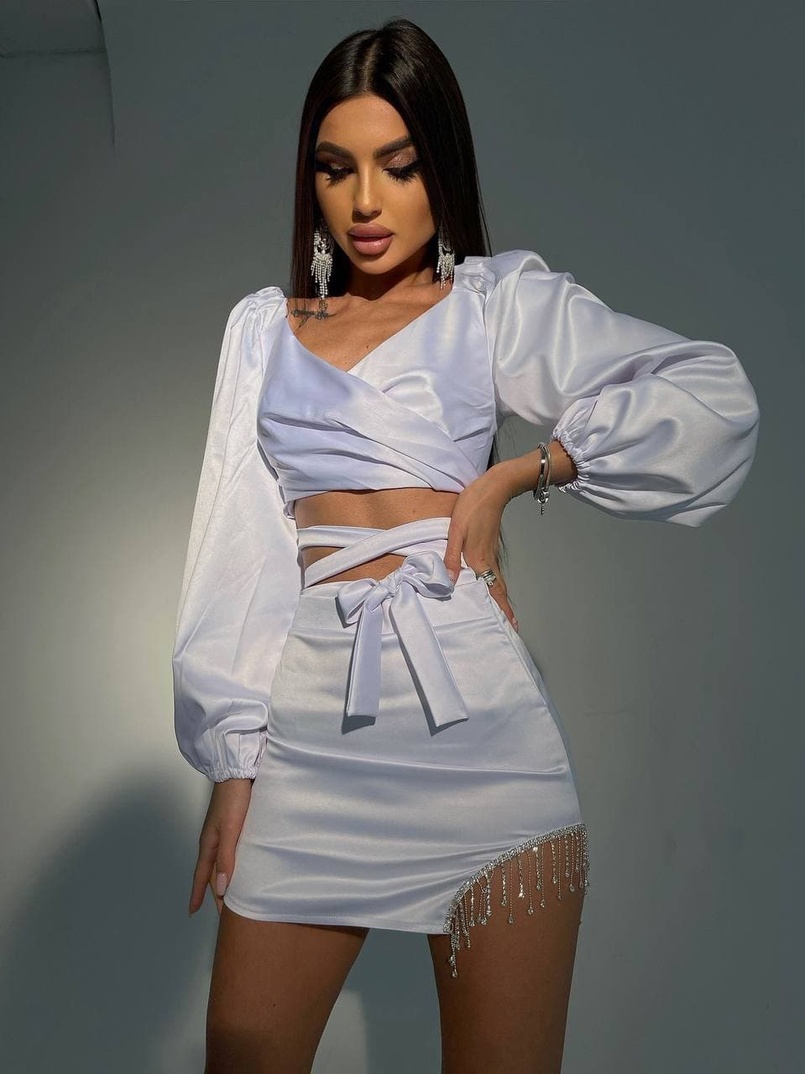 Атласний комплект, декорований бахромою зі страз | PUSHKA SHOP