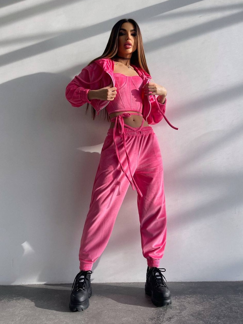 Велюровий комплект трійка: кофта + корсет з чашечками + джогери  | PUSHKA SHOP