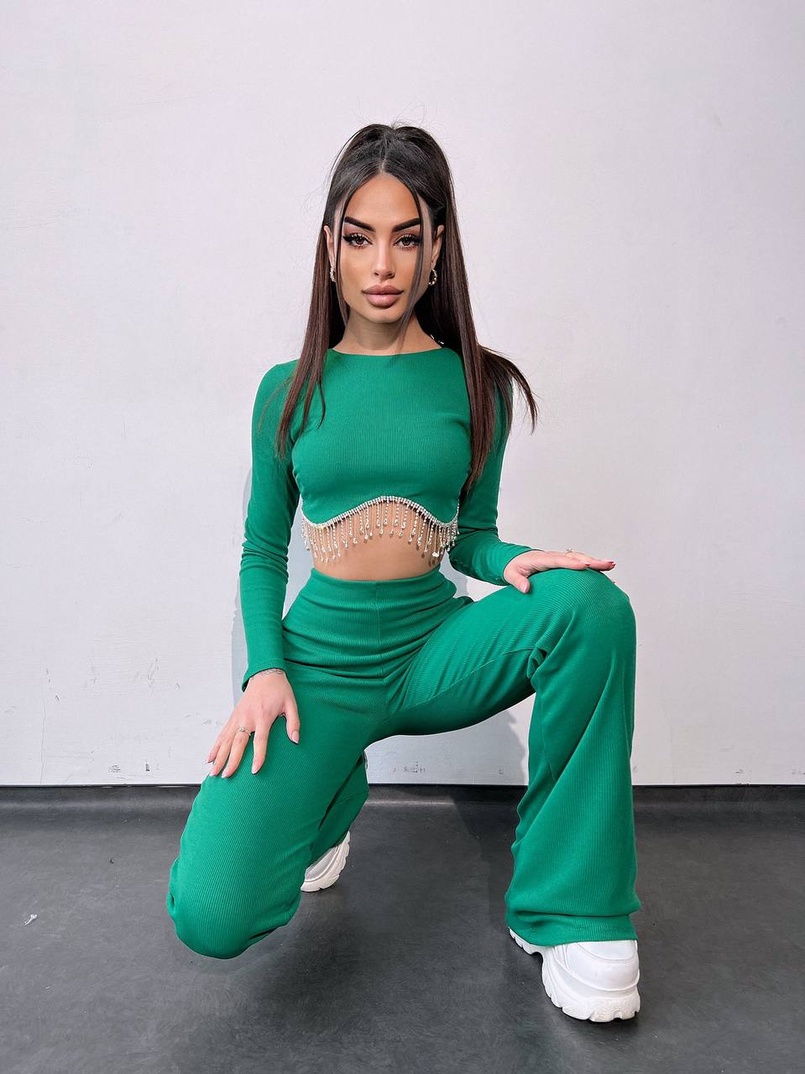 Комплект : штани кльош і топ , декорований бахромою зі страз Ручна робота | PUSHKA SHOP