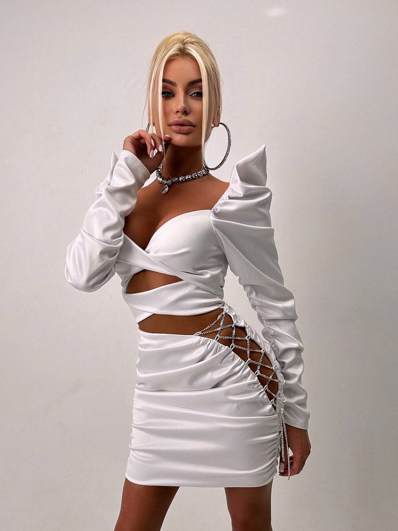 Сукня міні з драпіруванням, декорована стразами  | PUSHKA SHOP