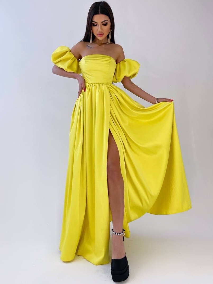 Атласное платье макси с объемными рукавами   | PUSHKA SHOP