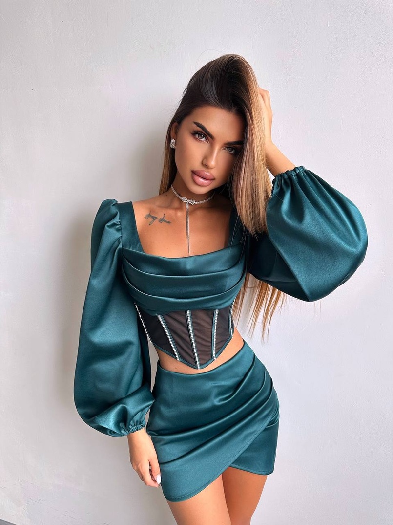 Комплект: корсет, декорований стразами   + спідниця міні з драпіруванням  | PUSHKA SHOP