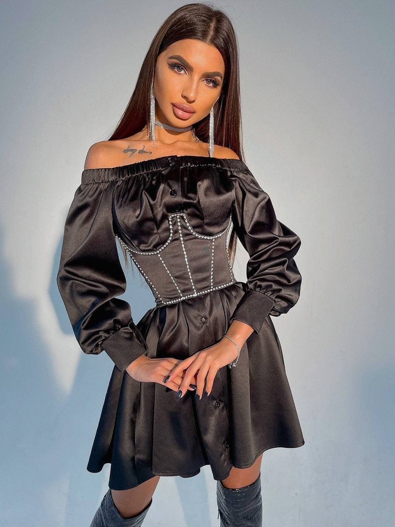 Платье-рубашка в комплекте с корсетом, декорированным стразами  Платье-рубашка в комплекте с корсетом, декорированным стразами  | PUSHKA SHOP