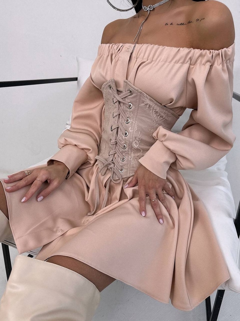 Приталена сорочка на плічках+  мереживний корсет | PUSHKA SHOP