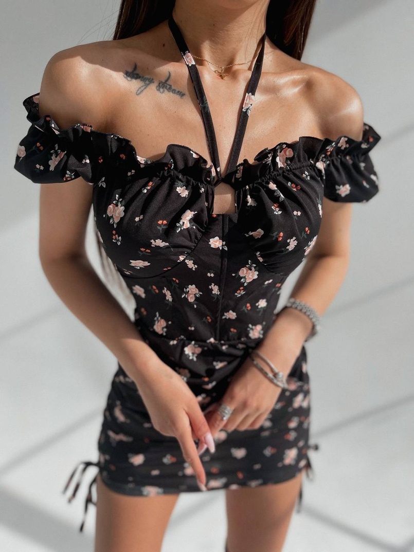 Цветочное платье мини с корсетной вставкой  на талии и присобранной юбкой  | PUSHKA SHOP