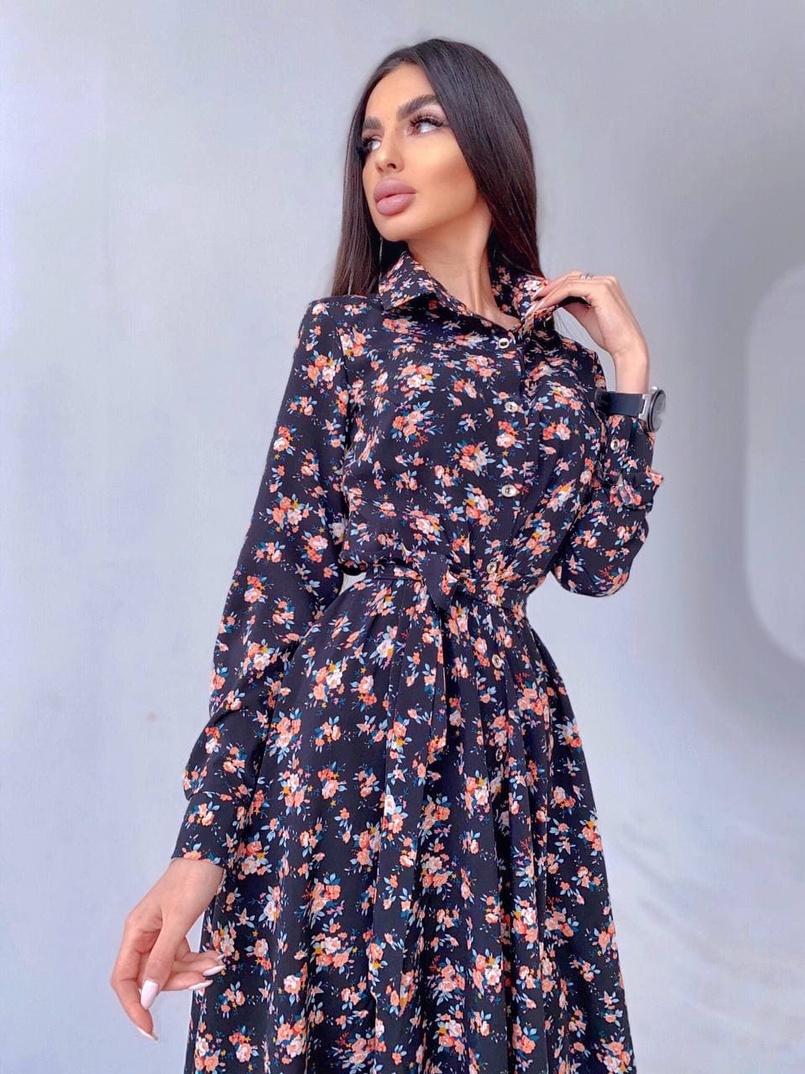 Цветочное платье-рубашка на пуговицах | PUSHKA SHOP