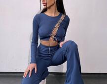 Комплект : штани кльош і топ декорований шнурком зі стразами  | PUSHKA SHOP