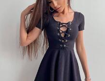 Трикотажное платье-мини со шнуровкой на груди  Трикотажное платье-мини со шнуровкой на груди  | PUSHKA SHOP