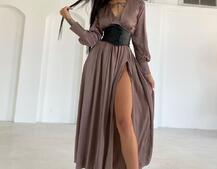 Шелковое платье -миди с разрезом  + корсет из эко-кожи | PUSHKA SHOP