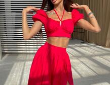 Комплект из хлопка: топ с завязками на груди + юбка-миди с разрезом  | PUSHKA SHOP