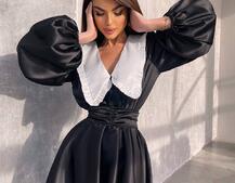 Сукня з коміром та об'ємними рукавами з широким поясом | PUSHKA SHOP