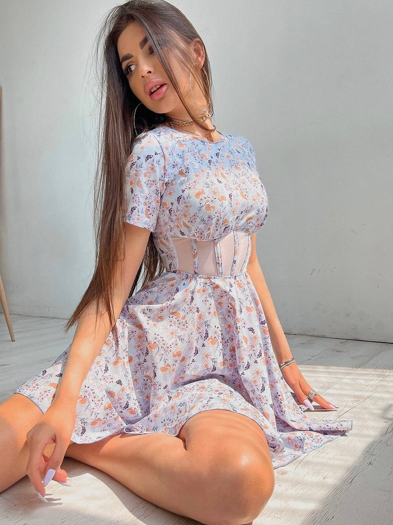 Цветочное платье мини с элементами корсета на косточках  | PUSHKA SHOP