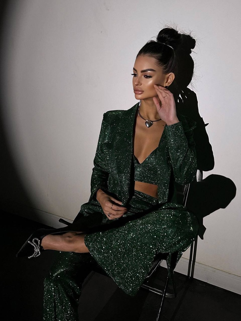 Костюм: піджак на підкладці, штани кльош+ топ з чашечками | PUSHKA SHOP