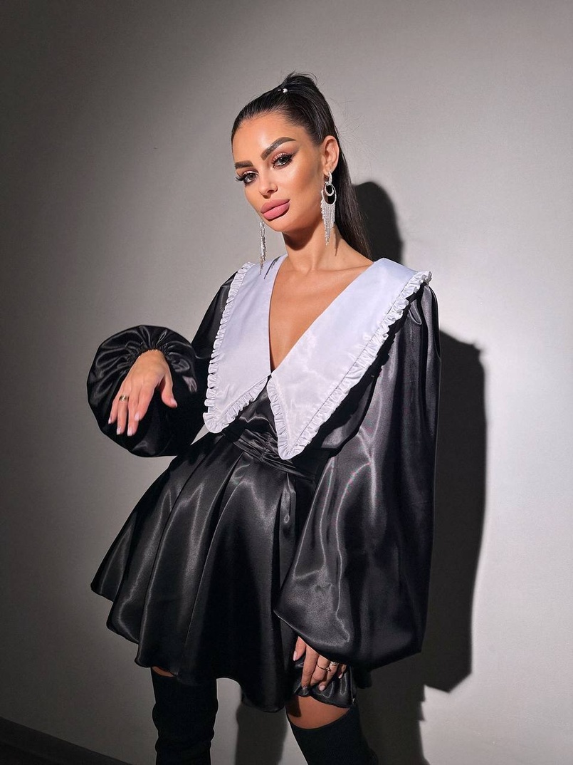 Сукня з коміром та об'ємними рукавами з широким поясом | PUSHKA SHOP