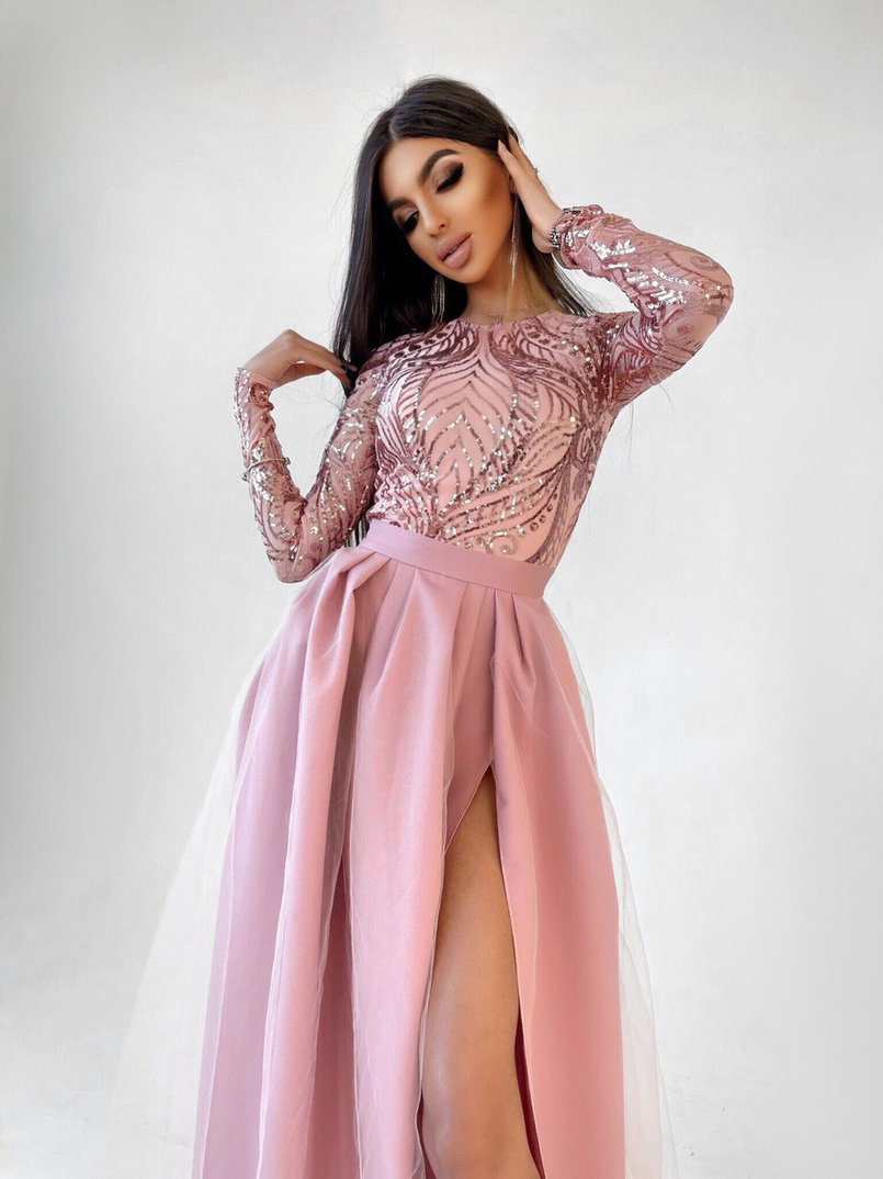 Платье-макси с пышной юбкой и блестящим верхом | PUSHKA SHOP