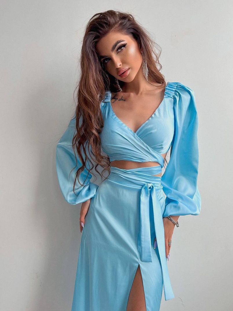 Шелковый комплект: топ с завязками на талии + юбка миди с разрезом  | PUSHKA SHOP