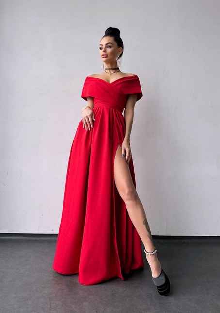 Сукня максі  з відкритими плечима та розрізом на спідниці | PUSHKA SHOP