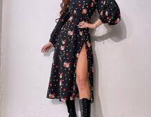 Квіткова сукня-міді зі шнурівкою на спинці та розрізом на ніжці | PUSHKA SHOP