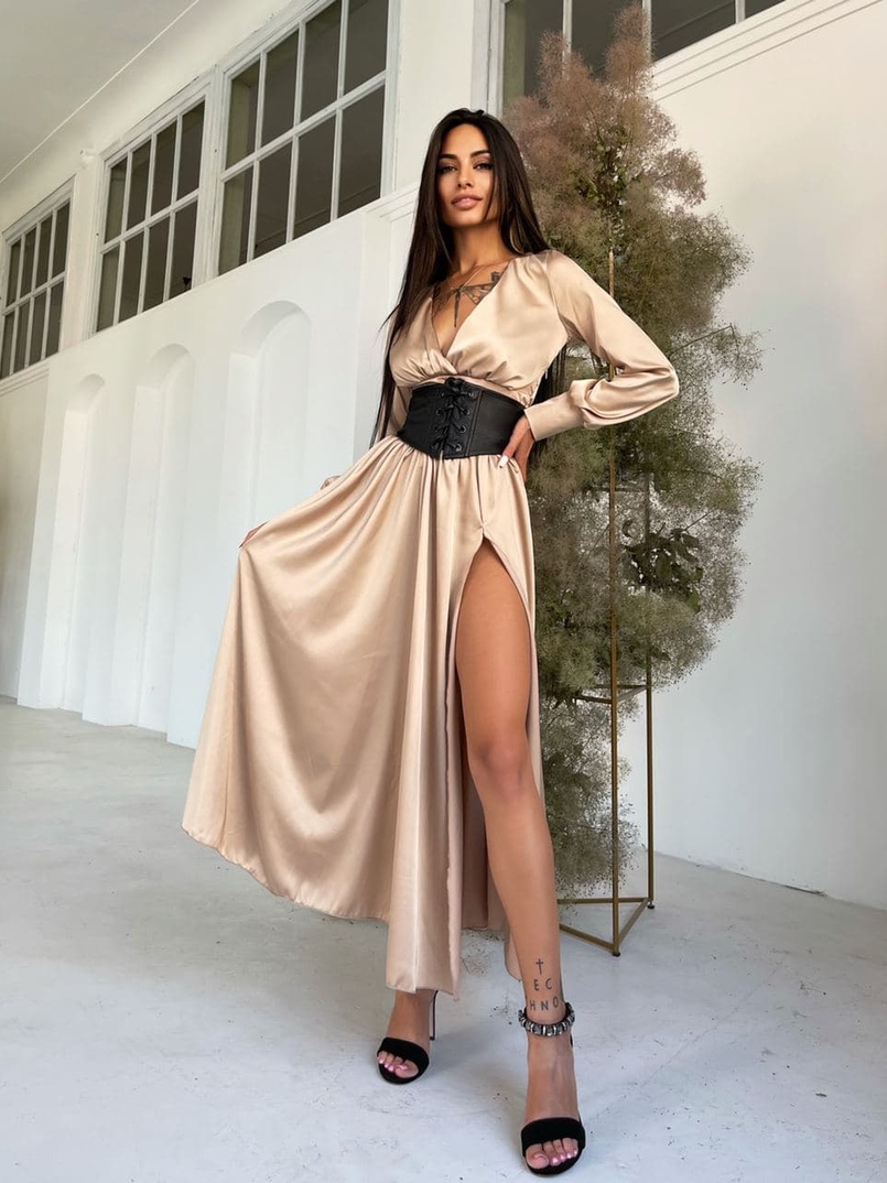 Шелковое платье -миди с разрезом  + корсет из эко-кожи | PUSHKA SHOP