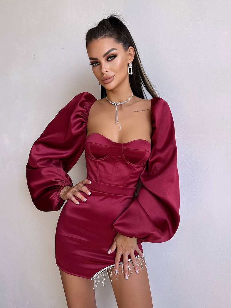 Атласний  комплект: корсет + спідниця декорована бахромою зі страз | PUSHKA SHOP