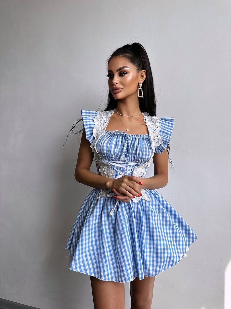 Сукня в клітинку декорована мереживом  | PUSHKA SHOP