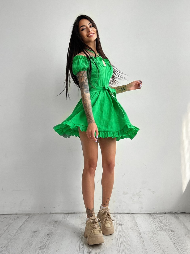 Муслиновое платье мини с корсетной вставкой на талии с косточками Муслиновое платье мини с корсетной вставкой на талии с косточками | PUSHKA SHOP