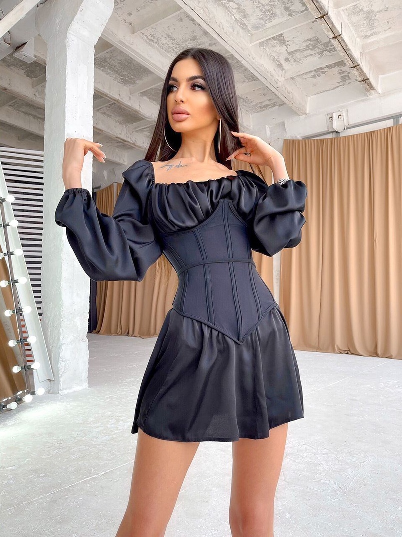 Комплект: шелковое приталенное  платье + прозрачный бельевой корсет на шнуровке  | PUSHKA SHOP