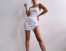 Атласна сукня декорована бахромою зі страз  | PUSHKA SHOP