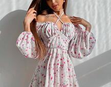 Цветочное платье с пышной юбкой и завязками на груди  Цветочное платье с пышной юбкой и завязками на груди  | PUSHKA SHOP