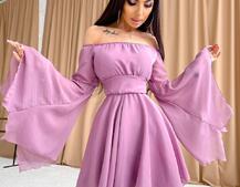 Шифоновое платье ассиметричного кроя с расклешенными рукавами + корсет декорированный стразами  | PUSHKA SHOP