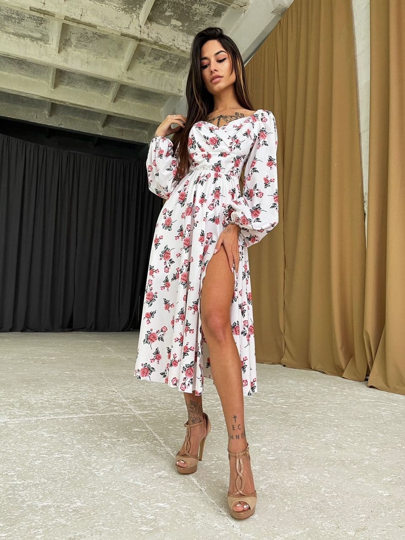 Цветочное платье-миди с разрезом  | PUSHKA SHOP