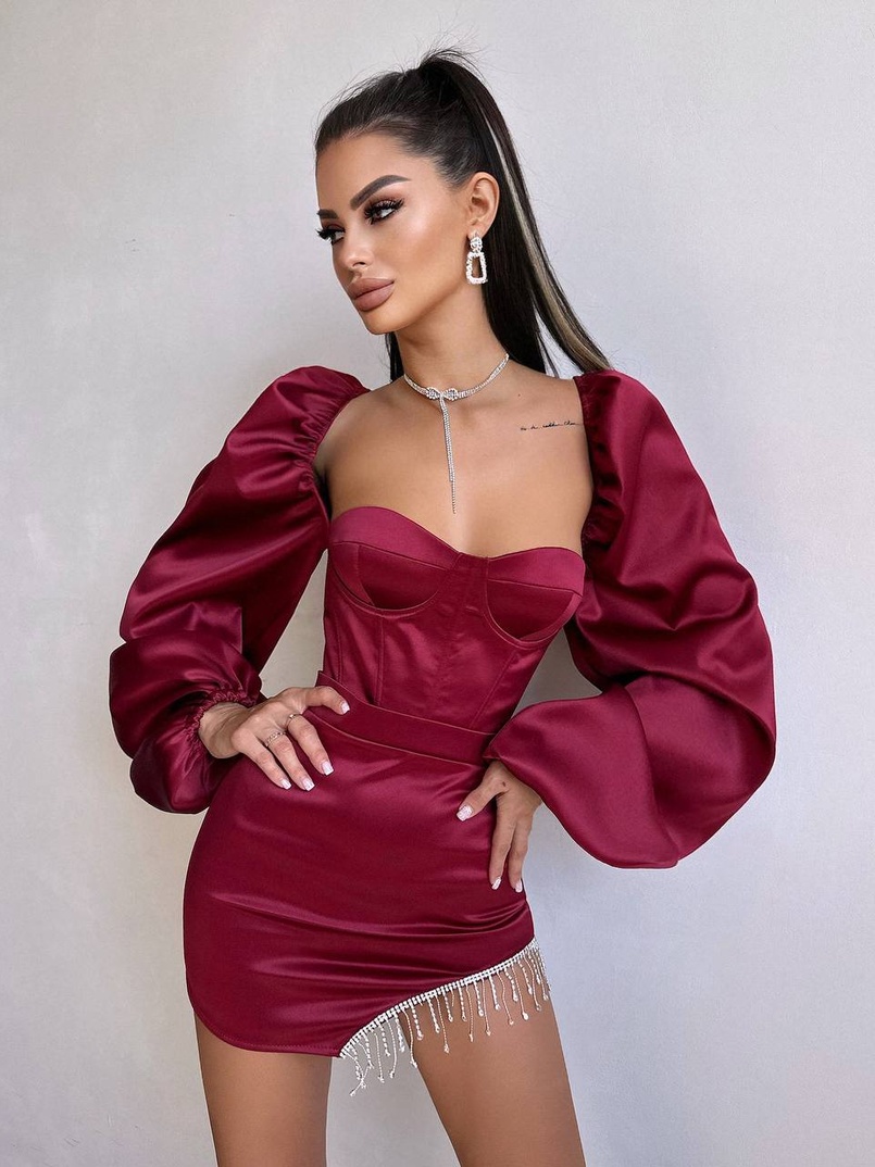 Атласний  комплект: корсет + спідниця декорована бахромою зі страз | PUSHKA SHOP