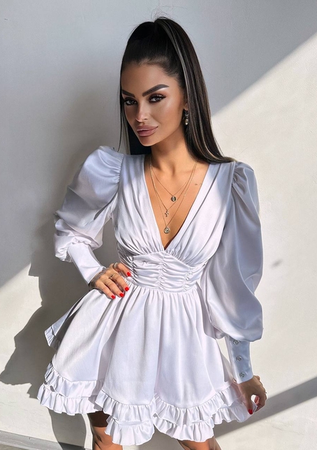 Атласна сукня з пишною подвійною спідницею та об‘ємними рукавами | PUSHKA SHOP