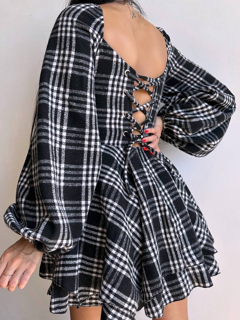 Корсетна сукня з подвійною спідницею та обʼємними рукавами у клітинку  | PUSHKA SHOP