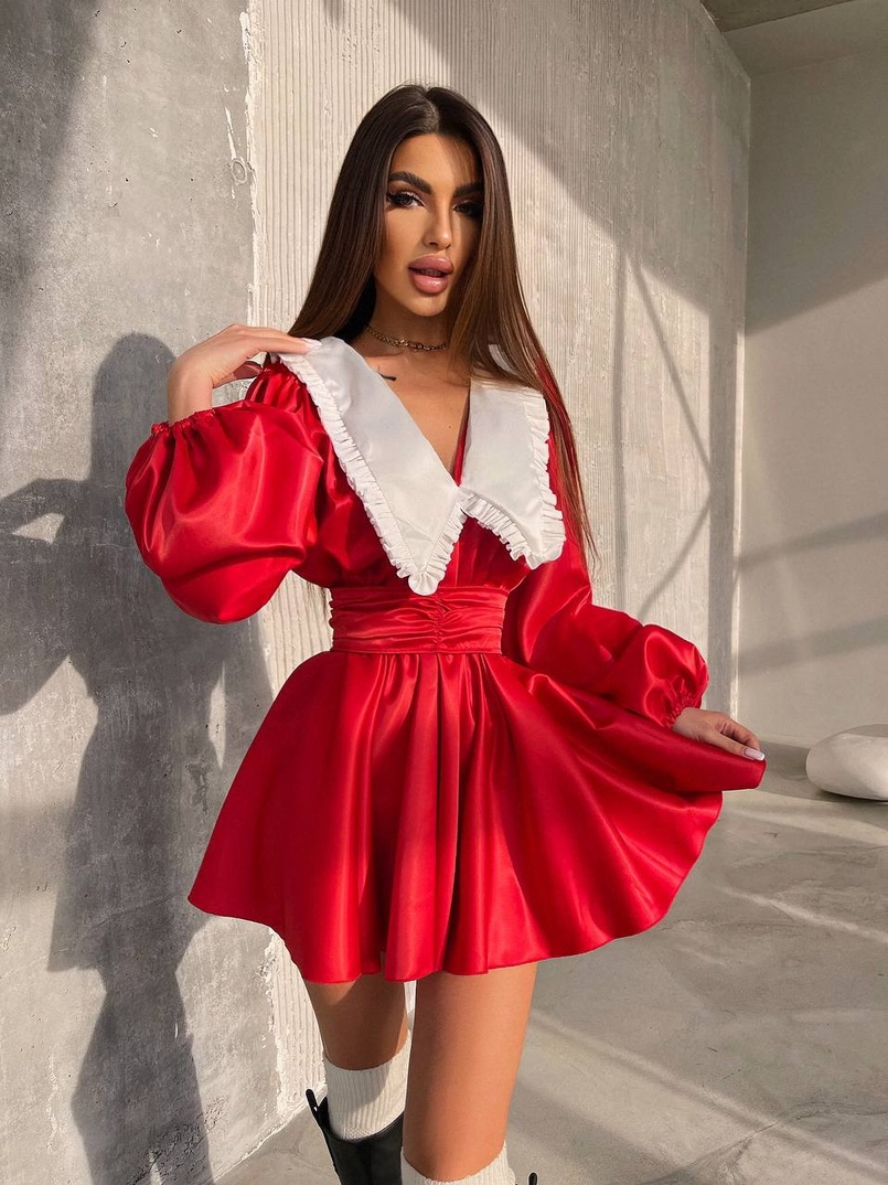 Сукня з коміром та об'ємними рукавами з широким поясом Сукня з коміром та об'ємними рукавами з широким поясом | PUSHKA SHOP