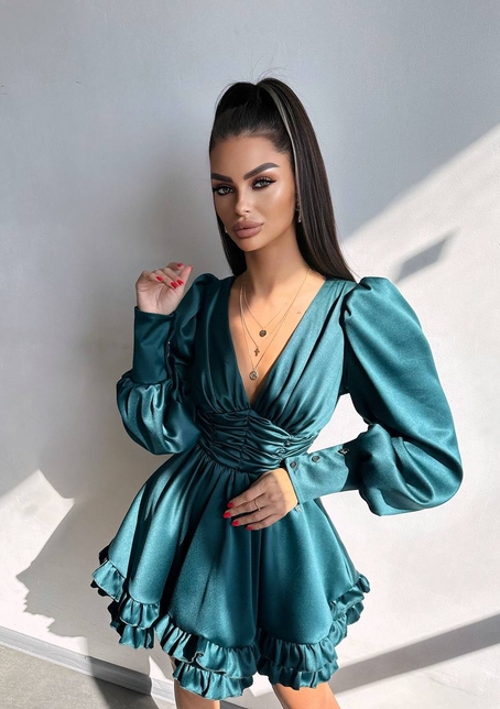 Атласна сукня з пишною подвійною спідницею та об‘ємними рукавами | PUSHKA SHOP