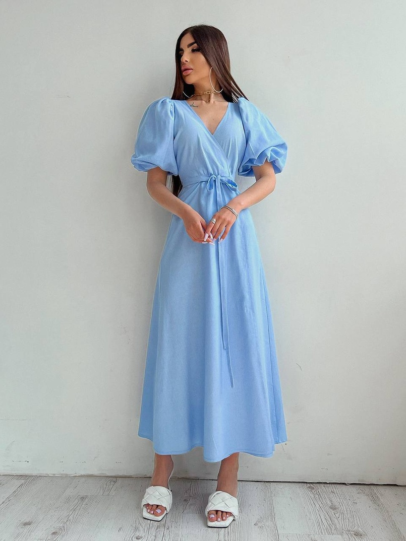 Льняное платье-миди с запахом и объемными рукавами  | PUSHKA SHOP