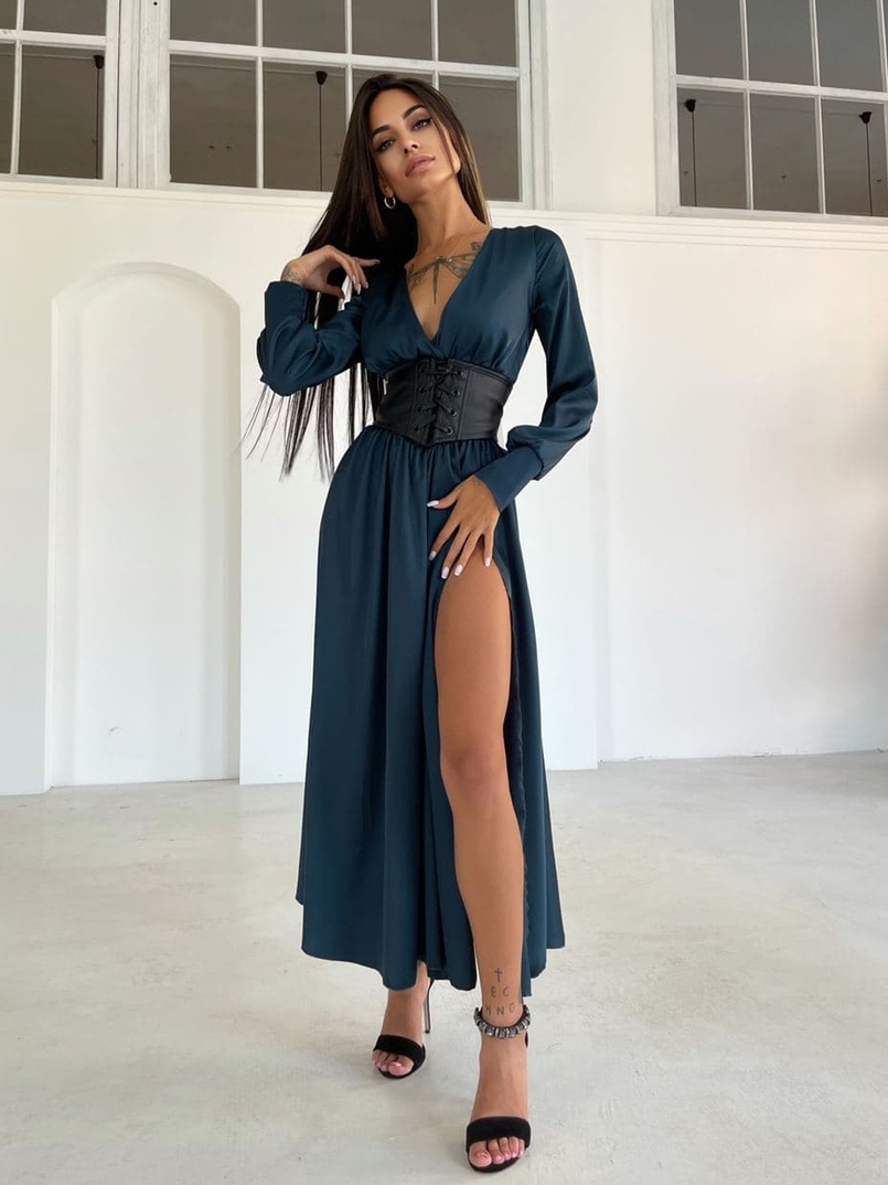 Шелковое платье -миди с разрезом  + корсет из эко-кожи | PUSHKA SHOP