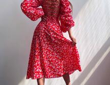 Квіткова сукня-міді зі шнурівкою на спинці та розрізом на ніжці | PUSHKA SHOP