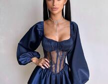 Атласна сукня з обʼємними рукавами та мереживом | PUSHKA SHOP