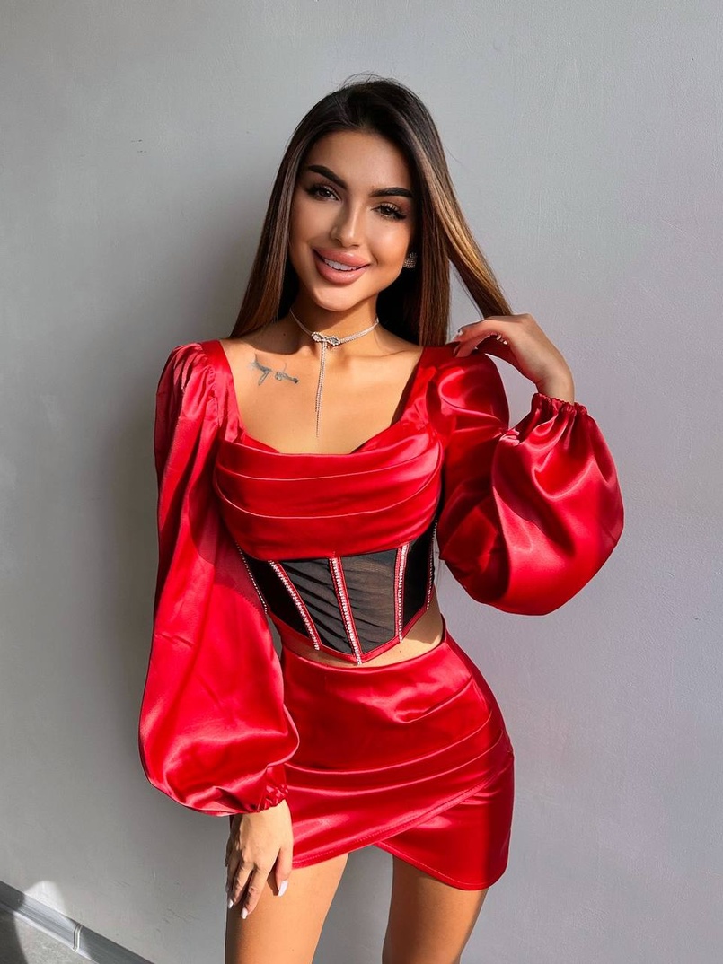 Комплект: корсет, декорований стразами   + спідниця міні з драпіруванням  | PUSHKA SHOP