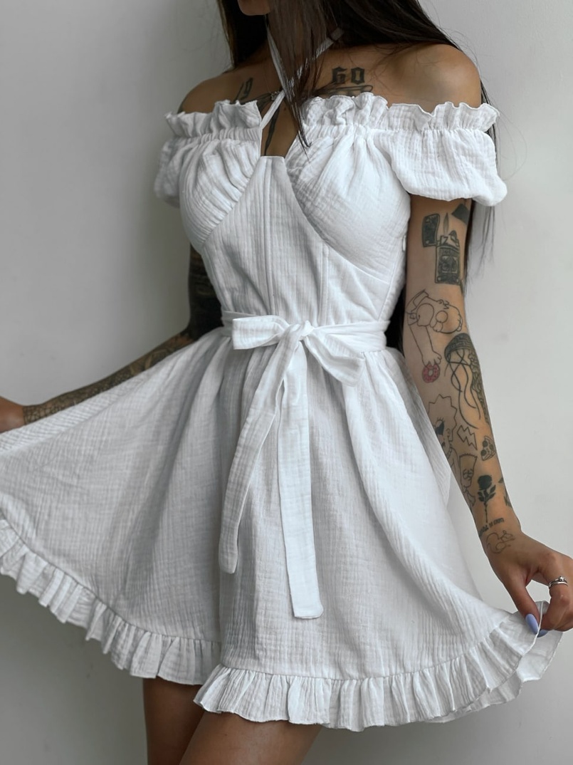 Муслиновое платье мини с корсетной вставкой на талии с косточками  Муслиновое платье мини с корсетной вставкой на талии с косточками  | PUSHKA SHOP