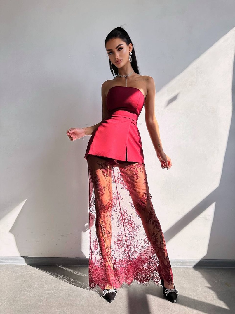 Комплект: піджак + блуза з баской + мереживна спідниця-шорти  | PUSHKA SHOP