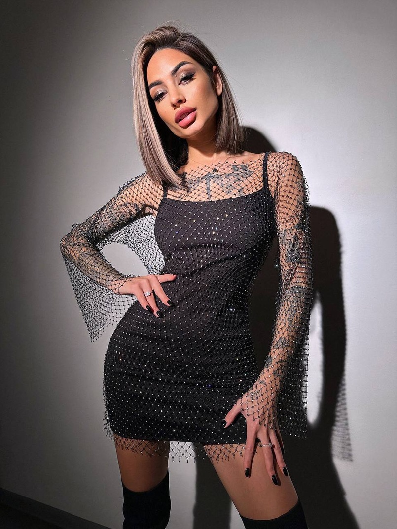 Сукня із сітки зі стразами на трикотажній підкладці  | PUSHKA SHOP