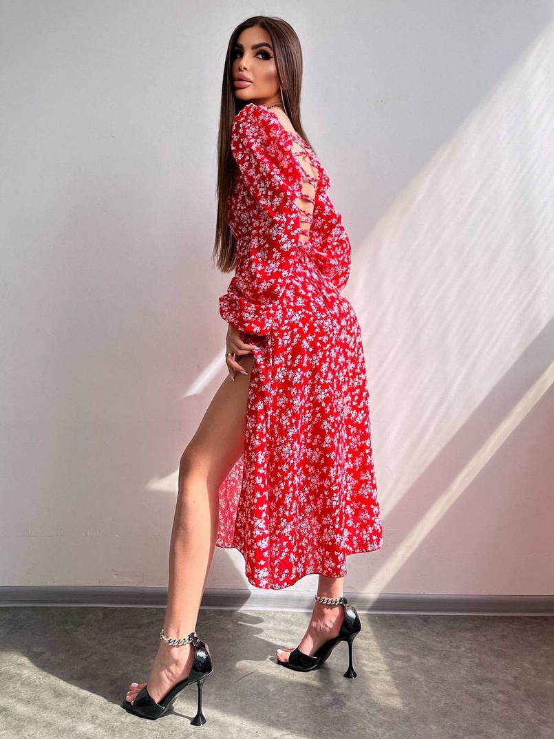 Квіткова сукня-міді зі шнурівкою на спинці та розрізом на ніжці | PUSHKA SHOP