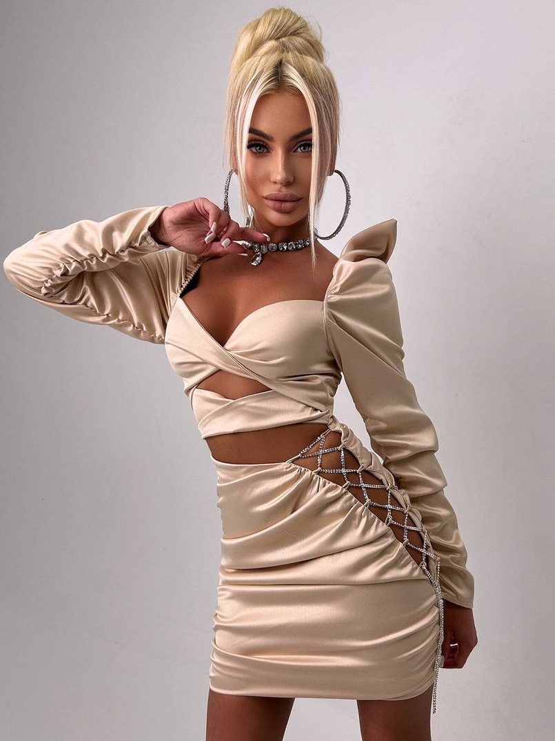 Сукня міні з драпіруванням, декорована стразами  | PUSHKA SHOP