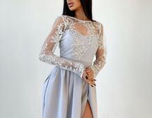 Платье макси с кружевным верхом и разрезом на юбке  Платье макси с кружевным верхом и разрезом на юбке  | PUSHKA SHOP