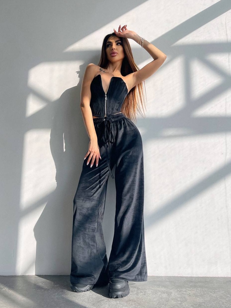 Велюровий комплект трійка: кофта + корсет на блискавці+ штани | PUSHKA SHOP