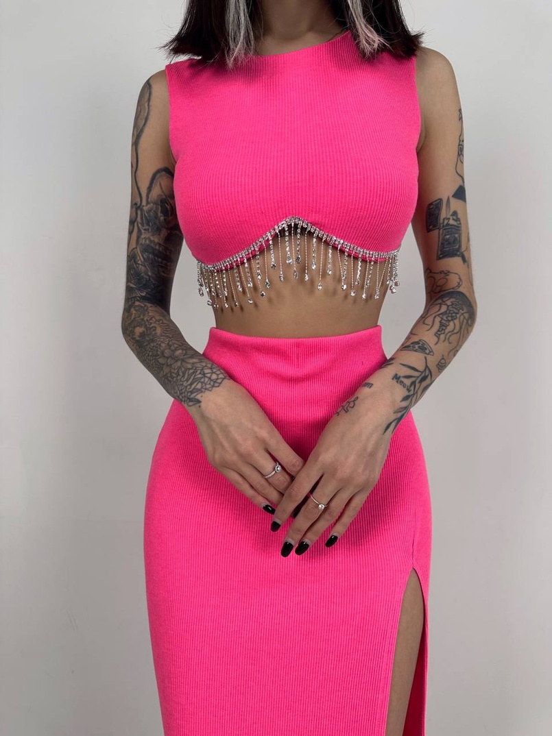 Комплект: топ з бахромою зі страз та спідниця з розрізом Комплект: топ з бахромою зі страз та спідниця з розрізом | PUSHKA SHOP