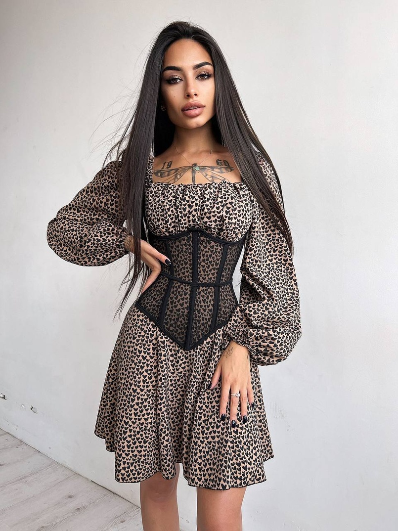 Приталена сукня з принтом  + прозорий корсет Приталена сукня з принтом  + прозорий корсет | PUSHKA SHOP